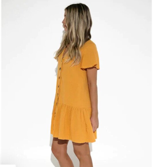 Lost In Lunar Mika Turmeric Button-Up Cotton Gauze Boho Festival Mini Dress XS - Picture 2 of 12